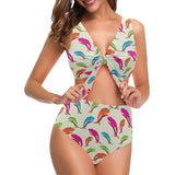 Colorful Chameleon lizard pattern Chest Bowknot High Waisted Bikini Swimsuit