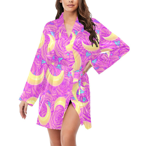 Moon pink rose background Women's Long Sleeve Belted Night Robe