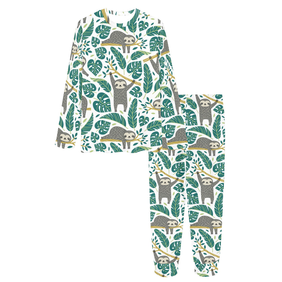 Cute sloths tropical palm leaves white background Women's All Over Print Pajama Set