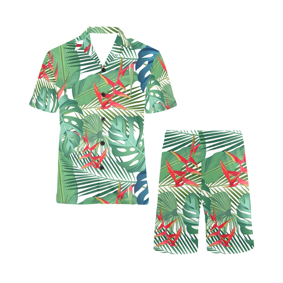 heliconia palm and monstera leaves pattern Men's V-Neck Short Pajama Set