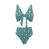 Hand drawn boston terrier dog pattern Chest Bowknot High Waisted Bikini Swimsuit