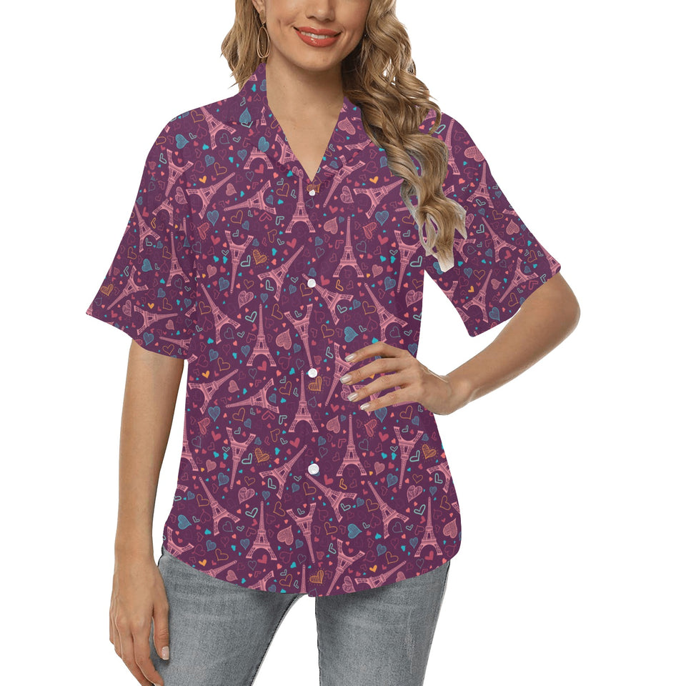 Eiffel Tower Heart Pattern Print Design 04 Women's All Over Print Hawaiian Shirt