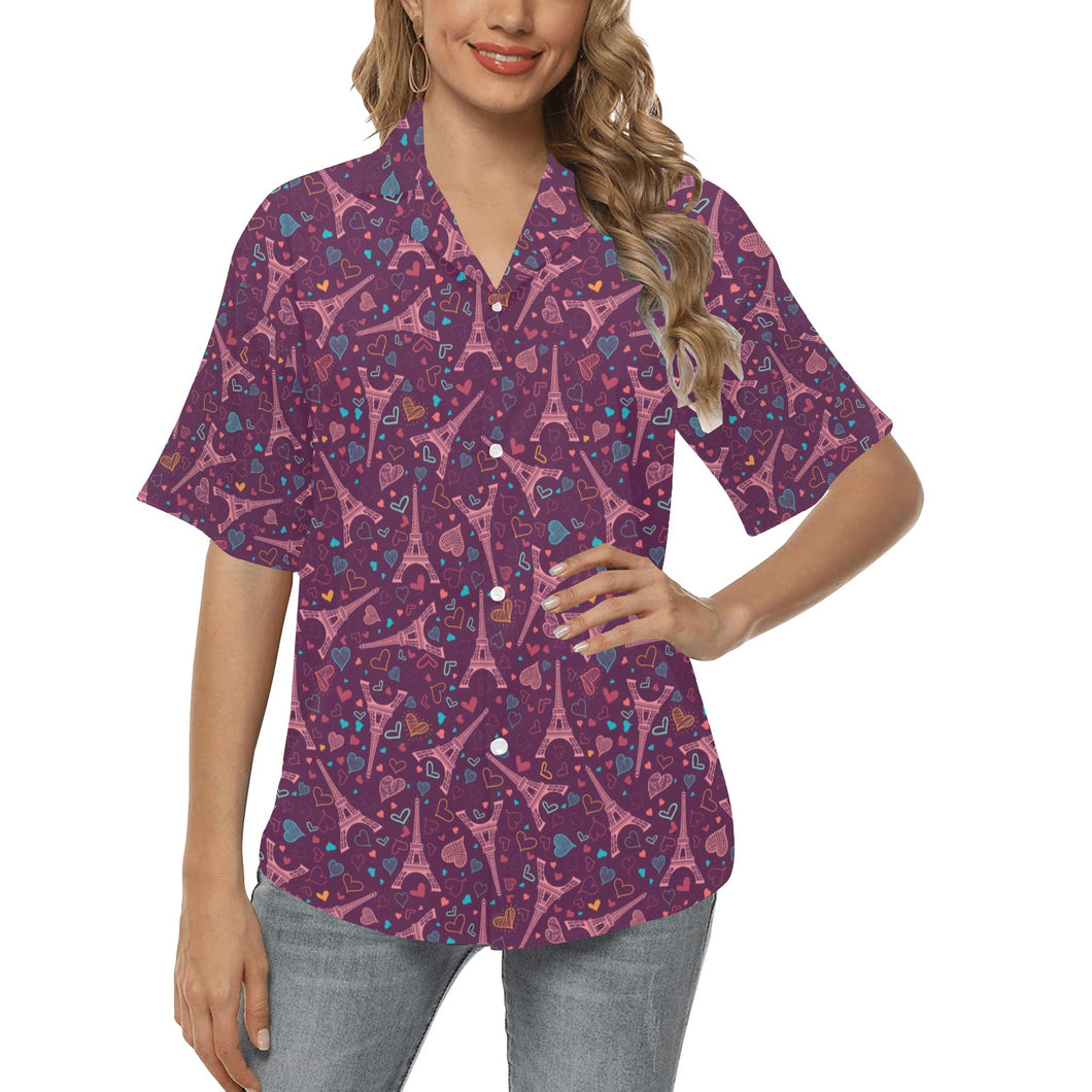 Eiffel Tower Heart Pattern Print Design 04 Women's All Over Print Hawaiian Shirt