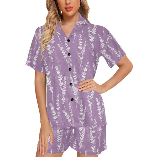 Lavender flowers purple pattern Women's V-Neck Short Pajama Set