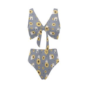 Cute hamster sunflower pattern background Chest Bowknot High Waisted Bikini Swimsuit