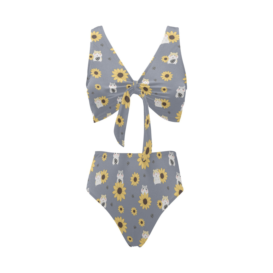 Cute hamster sunflower pattern background Chest Bowknot High Waisted Bikini Swimsuit