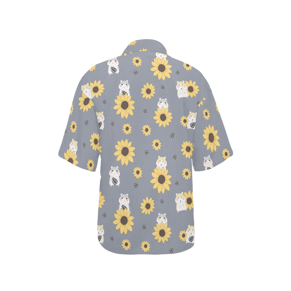 Cute hamster sunflower pattern background Women's All Over Print Hawaiian Shirt