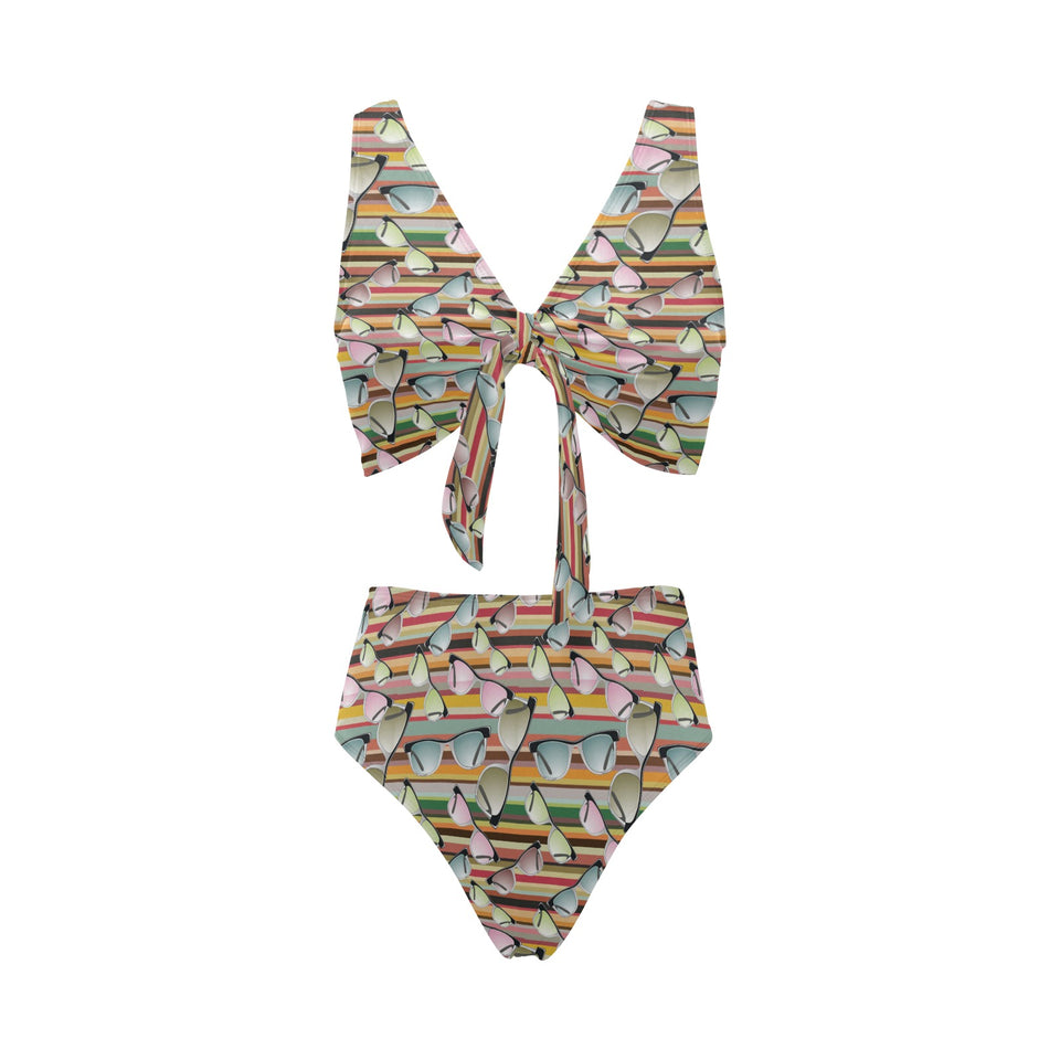 Sun Glasses Pattern Print Design 02 Chest Bowknot High Waisted Bikini Swimsuit