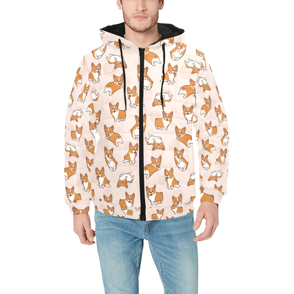 Cute Corgis Pattern pink background Men's Padded Hooded Jacket