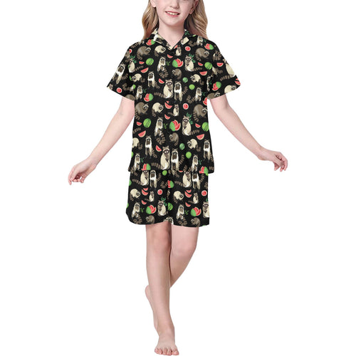 Raccoon watermelon pattern Kids' Boys' Girls' V-Neck Short Pajama Set