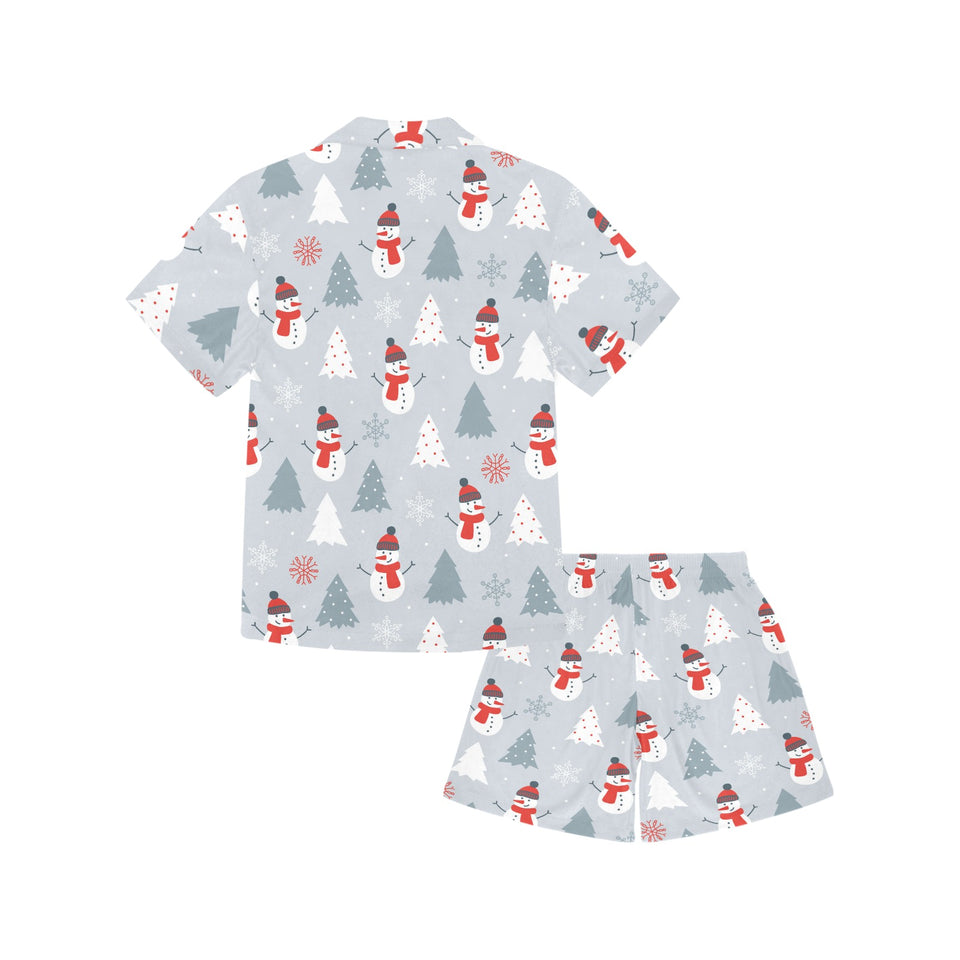 Snowman christmas  tree snow gray background Kids' Boys' Girls' V-Neck Short Pajama Set