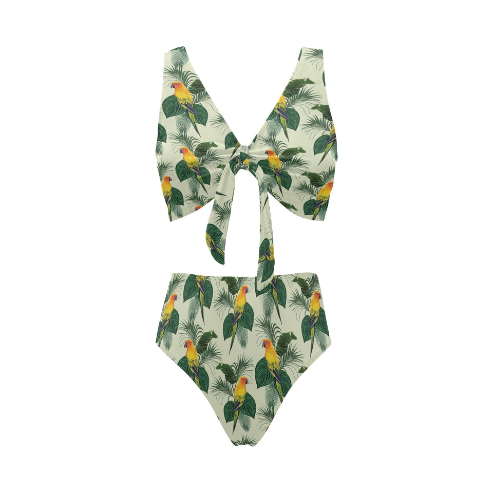Beautiful parrot palm leaves pattern Chest Bowknot High Waisted Bikini Swimsuit