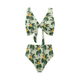 Beautiful parrot palm leaves pattern Chest Bowknot High Waisted Bikini Swimsuit