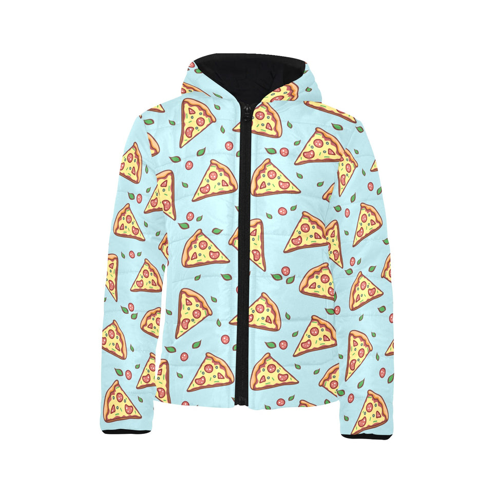 Hand drawn pizza blue background Kids' Boys' Girls' Padded Hooded Jacket
