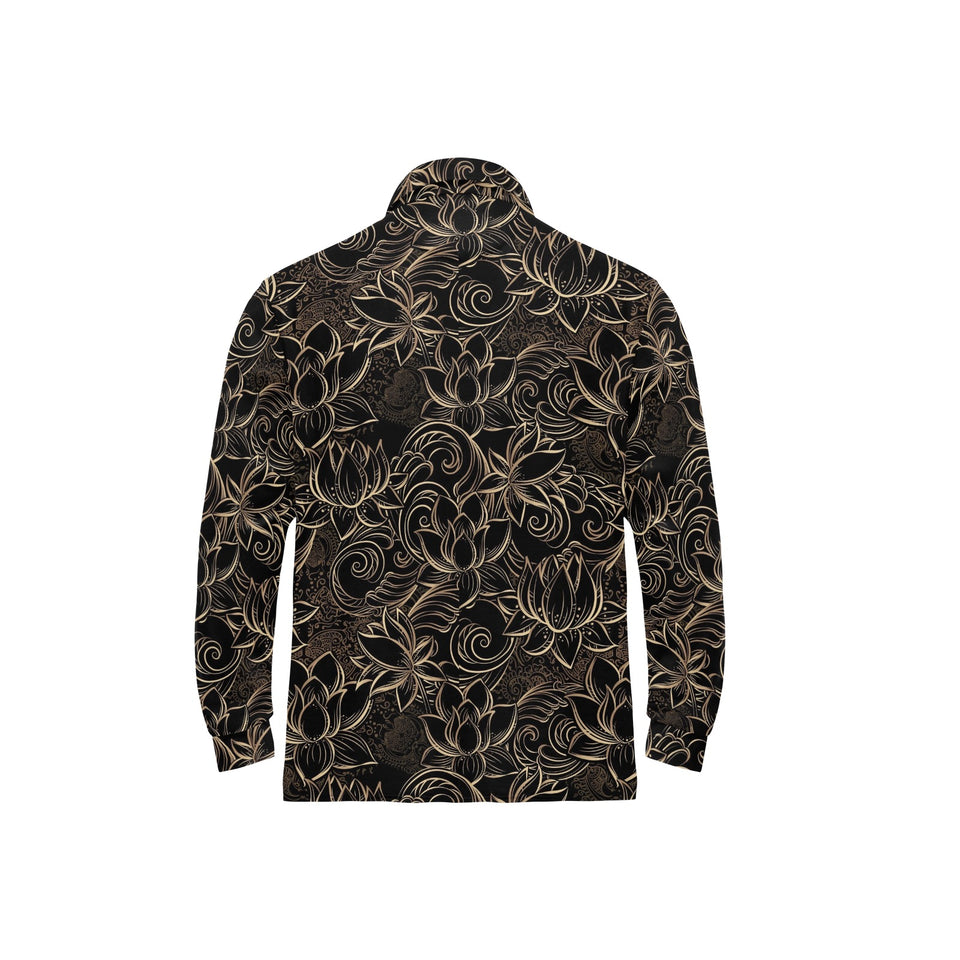 luxurious gold lotus waterlily black background Men's Long Sleeve Polo Shirt