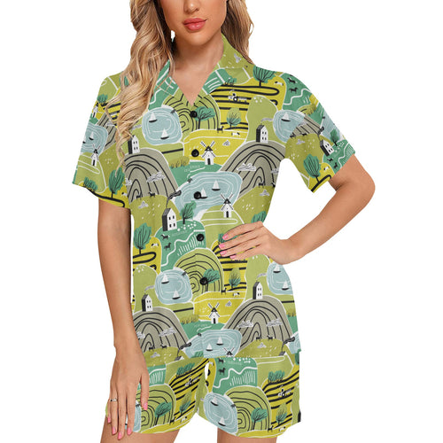Hand drawn windmill pattern Women's V-Neck Short Pajama Set