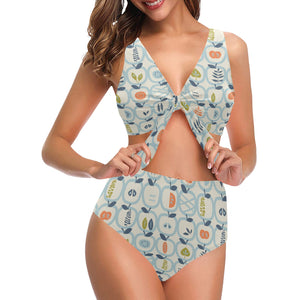 apples leaves pattern Chest Bowknot High Waisted Bikini Swimsuit