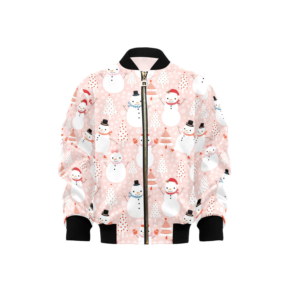 Cute snowman christmas tree snowpink background Kids' Boys' Girls' Bomber Jacket