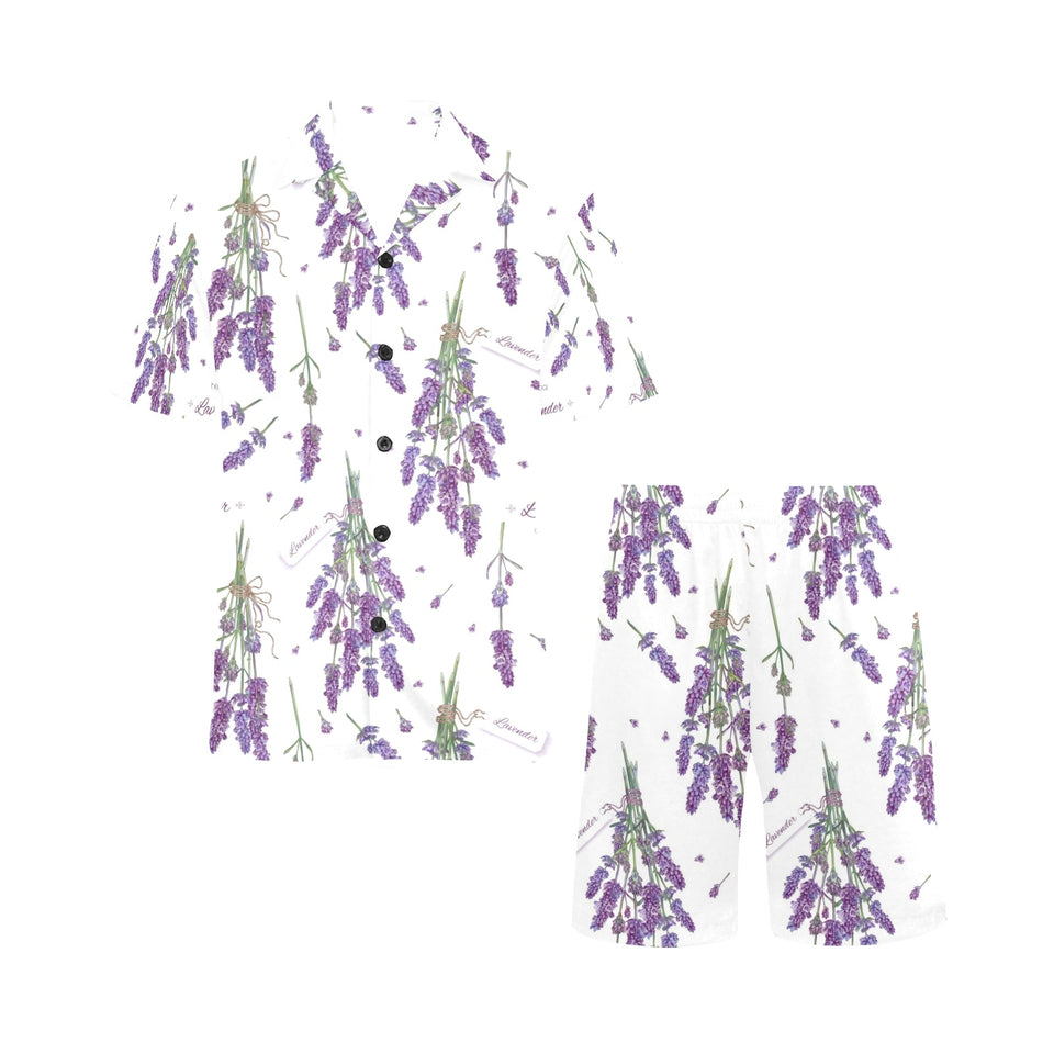 lavender flower design pattern Men's V-Neck Short Pajama Set