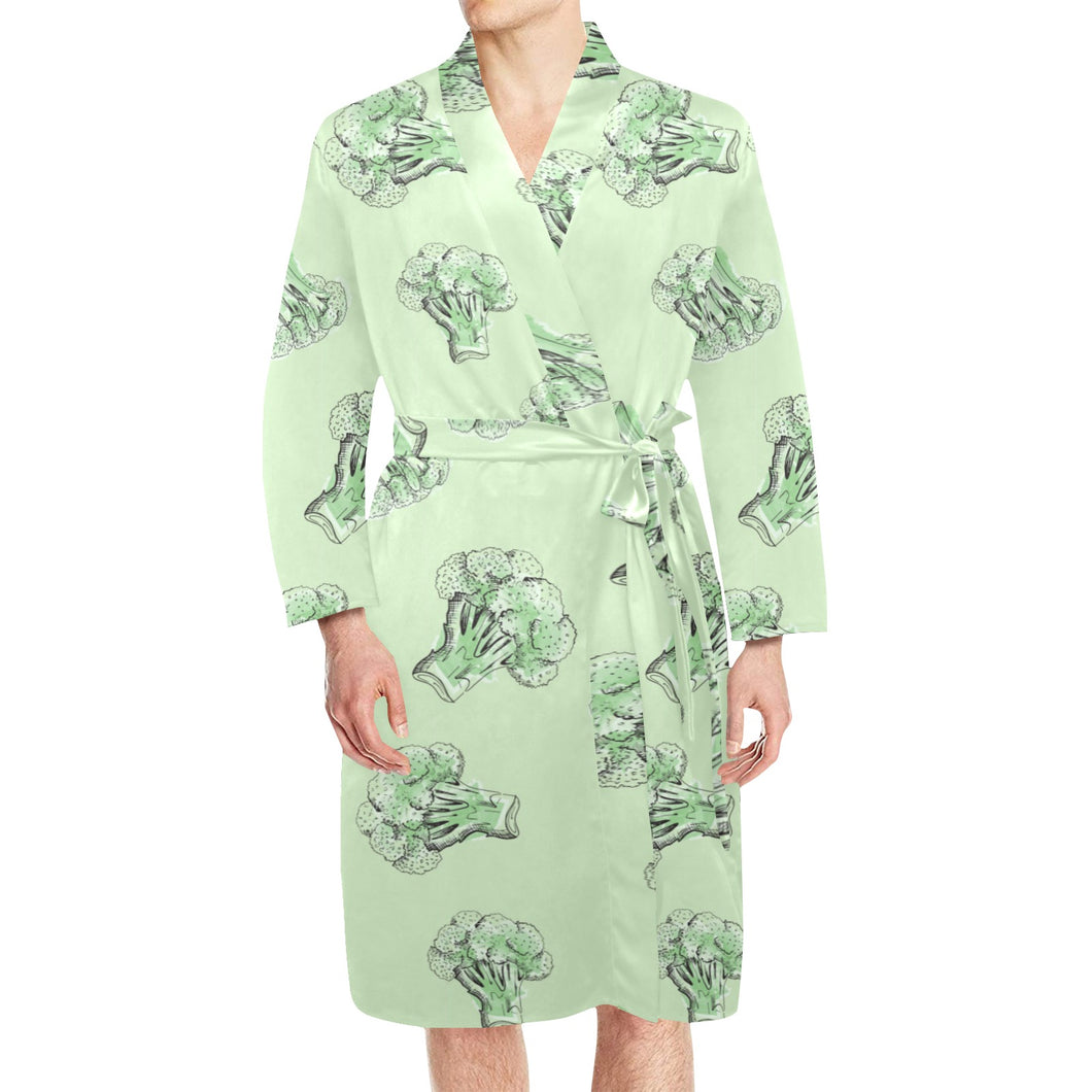 broccoli sketch pattern Men's Long Sleeve Belted Night Robe