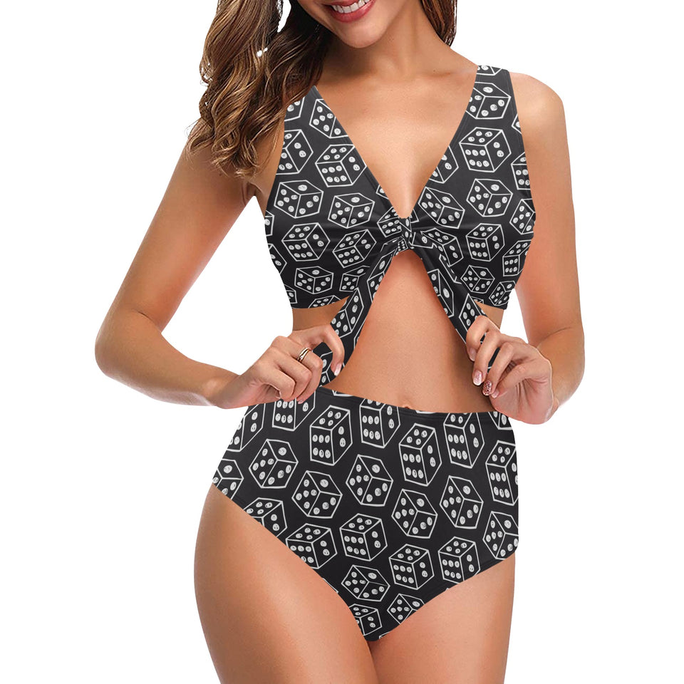 Dice Pattern Print Design 01 Chest Bowknot High Waisted Bikini Swimsuit