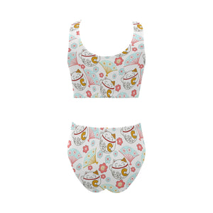 Maneki neko cat fan sakura Chest Bowknot High Waisted Bikini Swimsuit