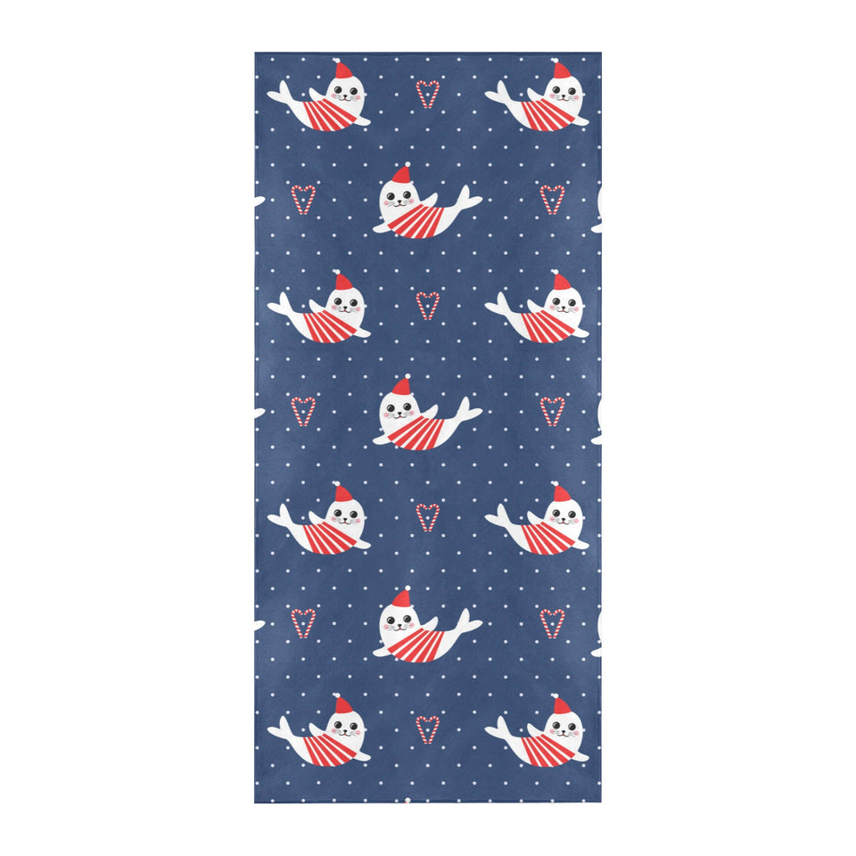 Cute sea lion seal christmas hat candy cane heart Beach Towel