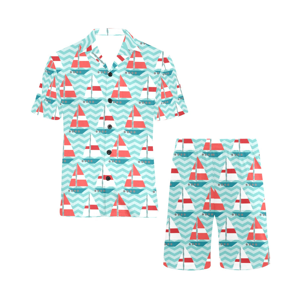 Red White sailboat wave background Men's V-Neck Short Pajama Set