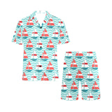 Red White sailboat wave background Men's V-Neck Short Pajama Set