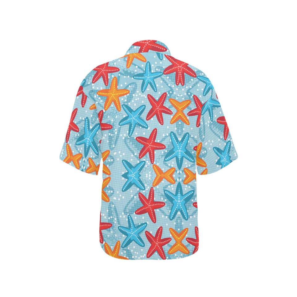 Blue red orange starfish pattern Women's All Over Print Hawaiian Shirt