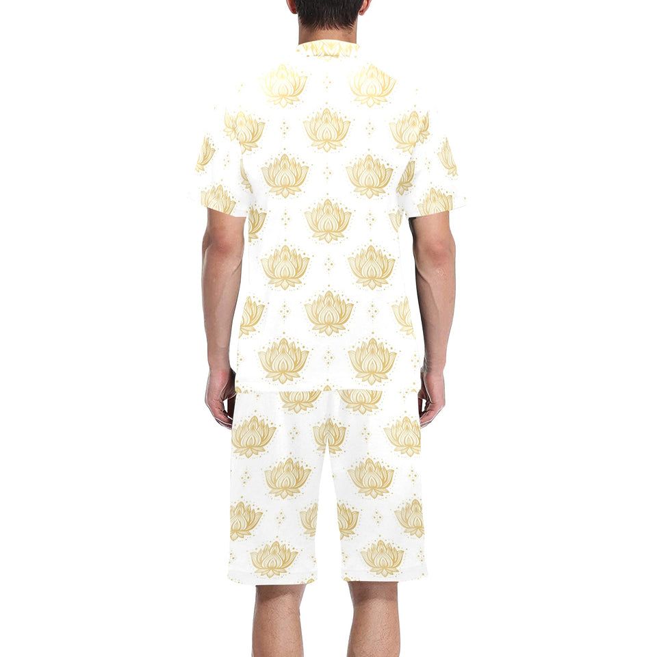 Gold Ornamental lotue waterlily symbol pattern Men's V-Neck Short Pajama Set