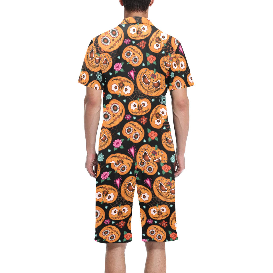 Pumpkin flowers spiderweb Halloween theme Men's V-Neck Short Pajama Set