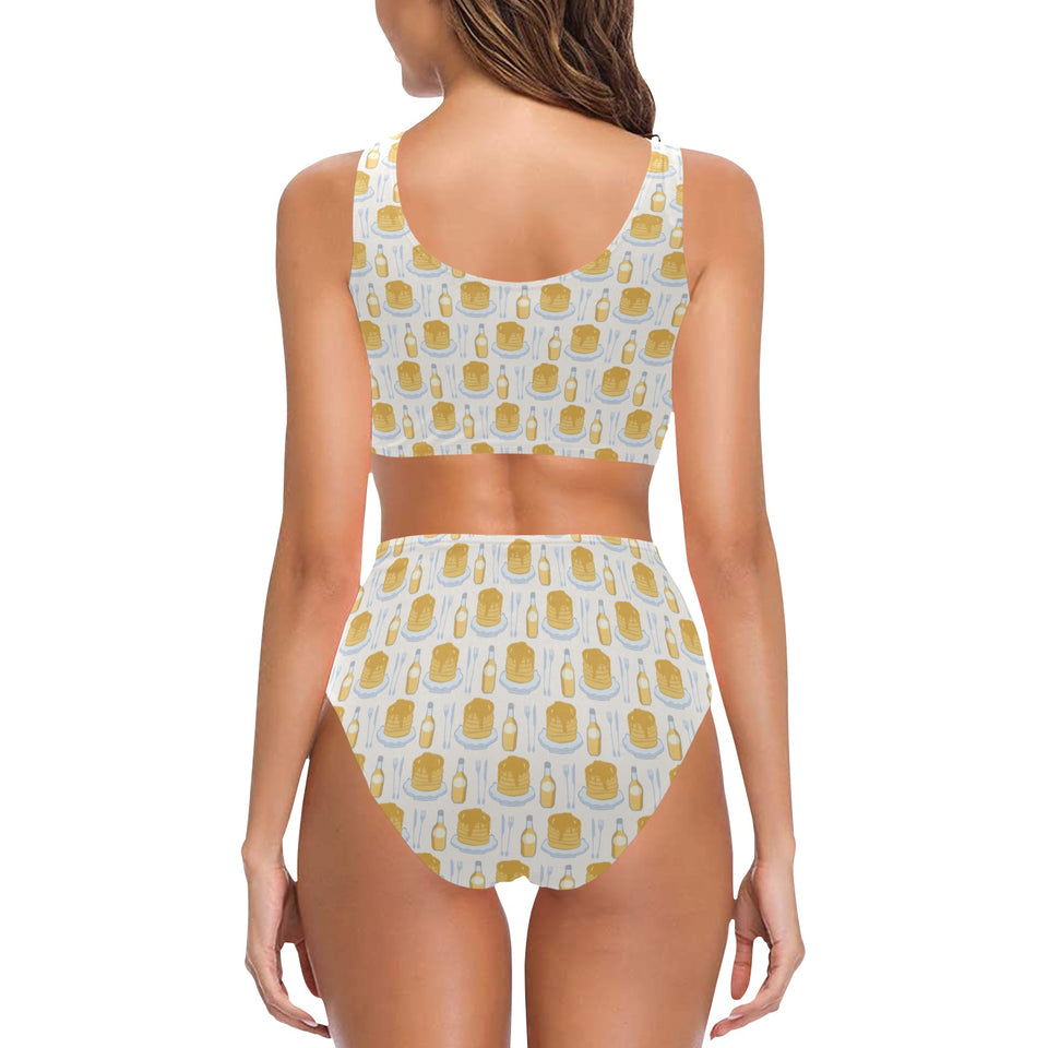 Pancake Pattern Print Design 05 Chest Bowknot High Waisted Bikini Swimsuit