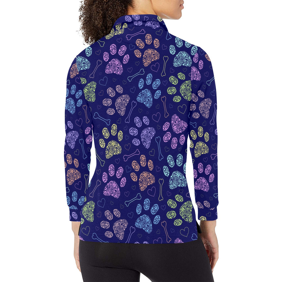 Dog Paws Pattern Print Design 02 Women's Long Sleeve Polo Shirt