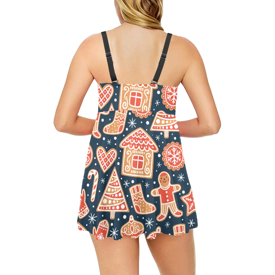 Christmas gingerbread cookie pattern Chest Sexy Pleated Two Piece Swim Dress