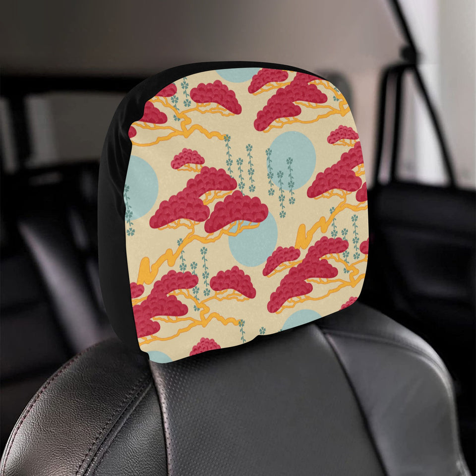Red Bonsai gray sun japanese pattern Car Headrest Cover