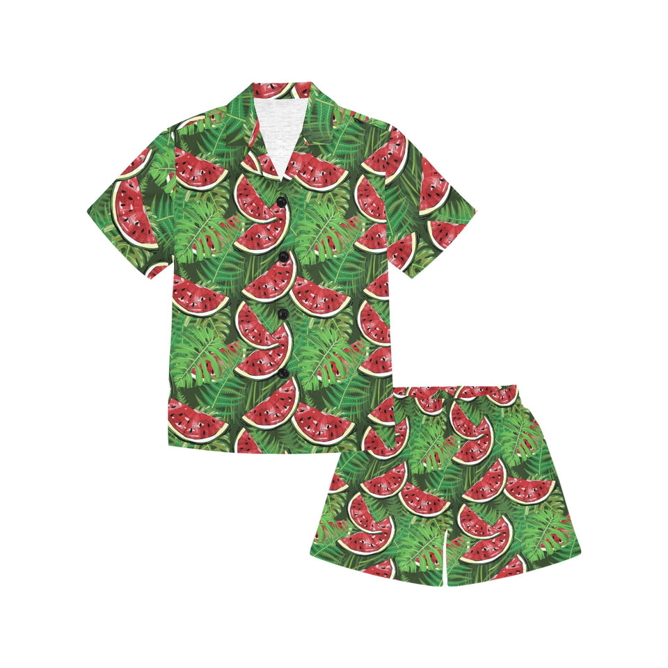Watermelons tropical palm leaves pattern backgroun Kids' Boys' Girls' V-Neck Short Pajama Set