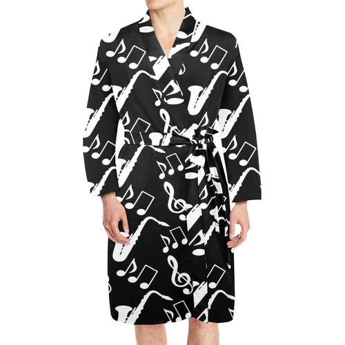 Saxophone music notes treble clef black white them Men's Long Sleeve Belted Night Robe