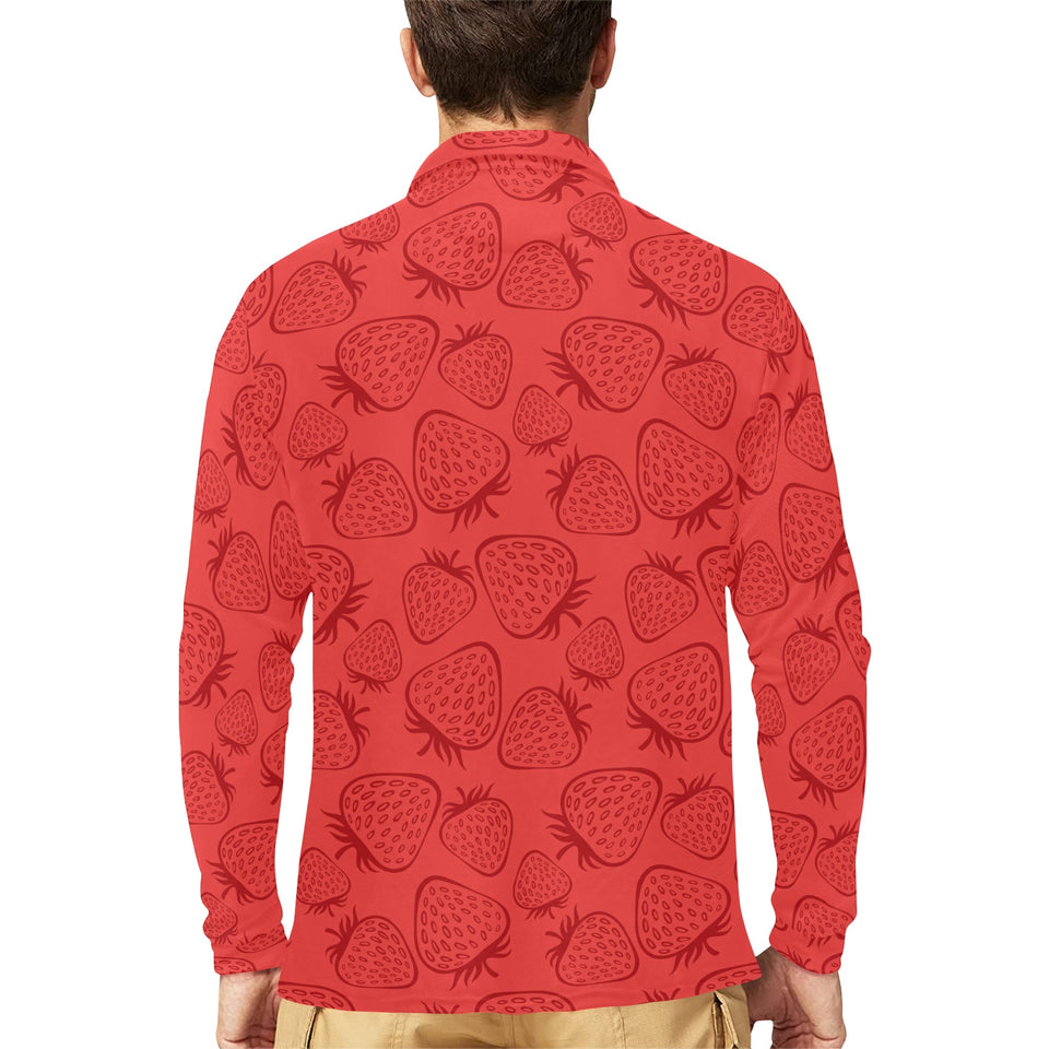 strawberry pattern red background Men's Long Sleeve Polo Shirt