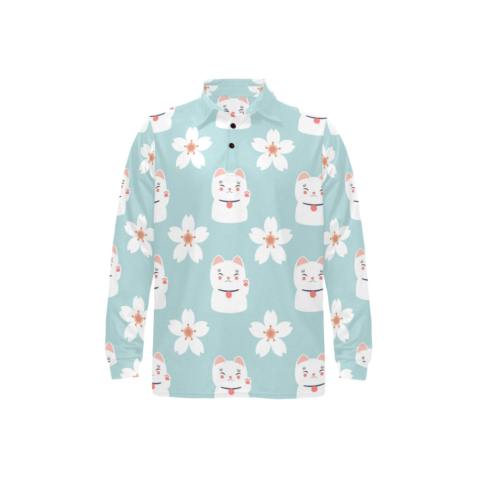Maneki neko cat sakura Men's Long Sleeve Polo Shirt