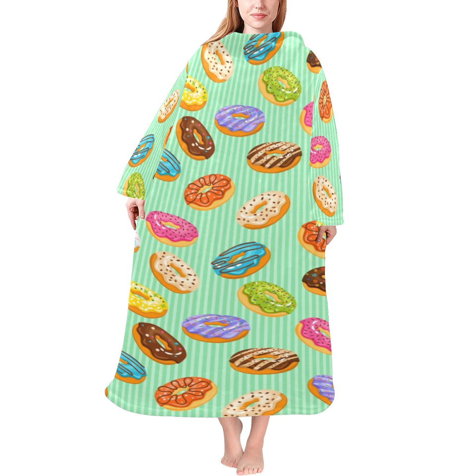Colorful donut pattern green background Blanket Robe with Sleeves