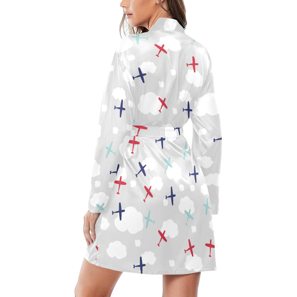 Airplane cloud grey background Women's Long Sleeve Belted Night Robe