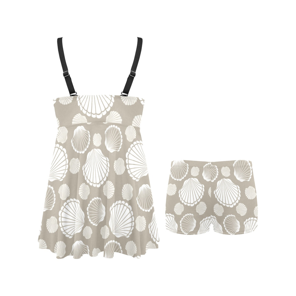 Scallop shell pattern Chest Sexy Pleated Two Piece Swim Dress