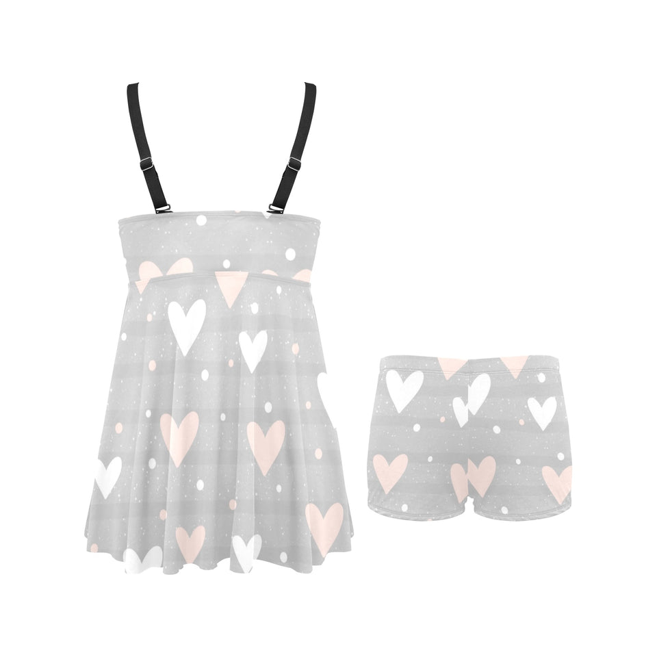 Heart pattern gray background Chest Sexy Pleated Two Piece Swim Dress