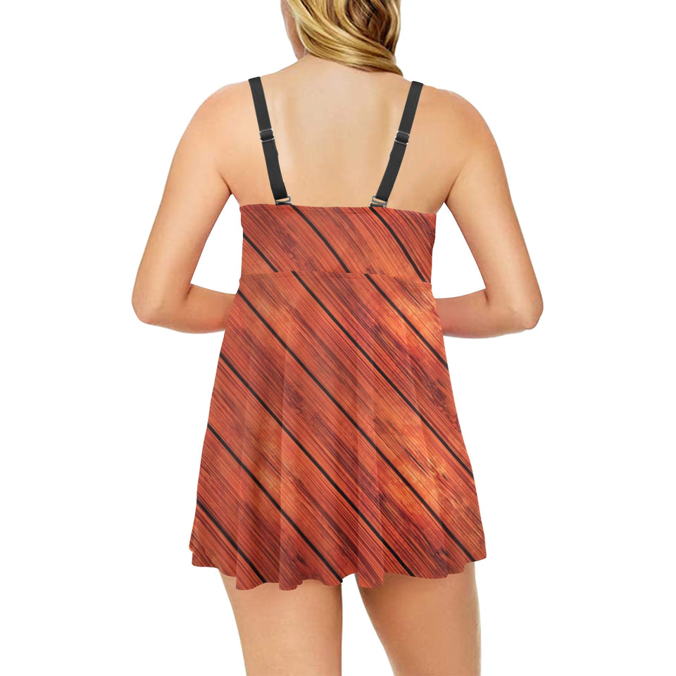 Wood Printed Pattern Print Design 03 Chest Sexy Pleated Two Piece Swim Dress