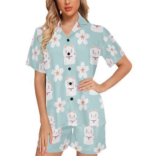 Maneki neko cat sakura Women's V-Neck Short Pajama Set