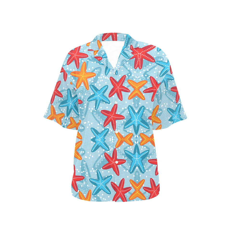 Blue red orange starfish pattern Women's All Over Print Hawaiian Shirt