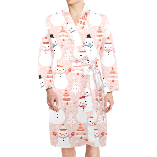 Cute snowman christmas tree snowpink background Men's Long Sleeve Belted Night Robe