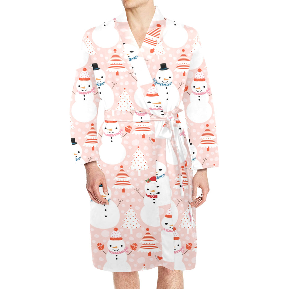 Cute snowman christmas tree snowpink background Men's Long Sleeve Belted Night Robe
