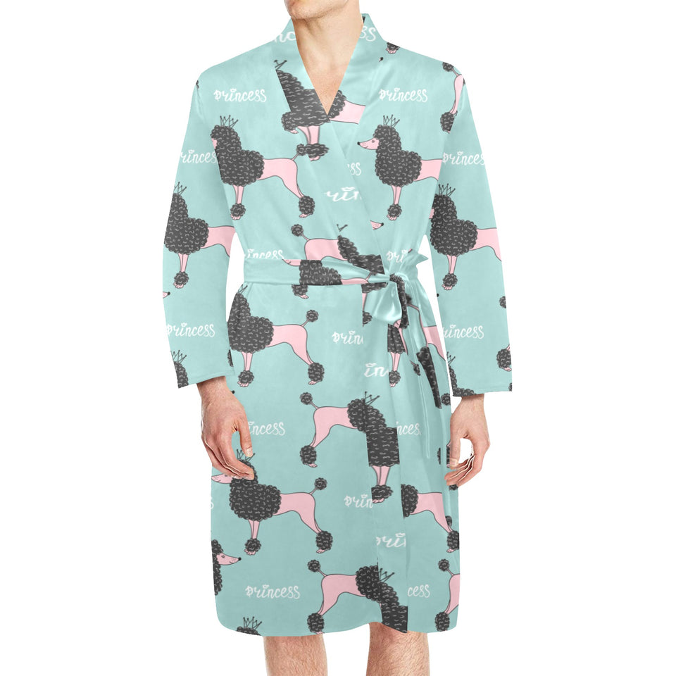 poodle dog green background Men's Long Sleeve Belted Night Robe